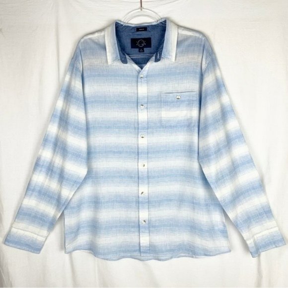 Even Tide Linen Blend Blue White Stripes Button Down Shirt Size Large - Picture 1 of 7